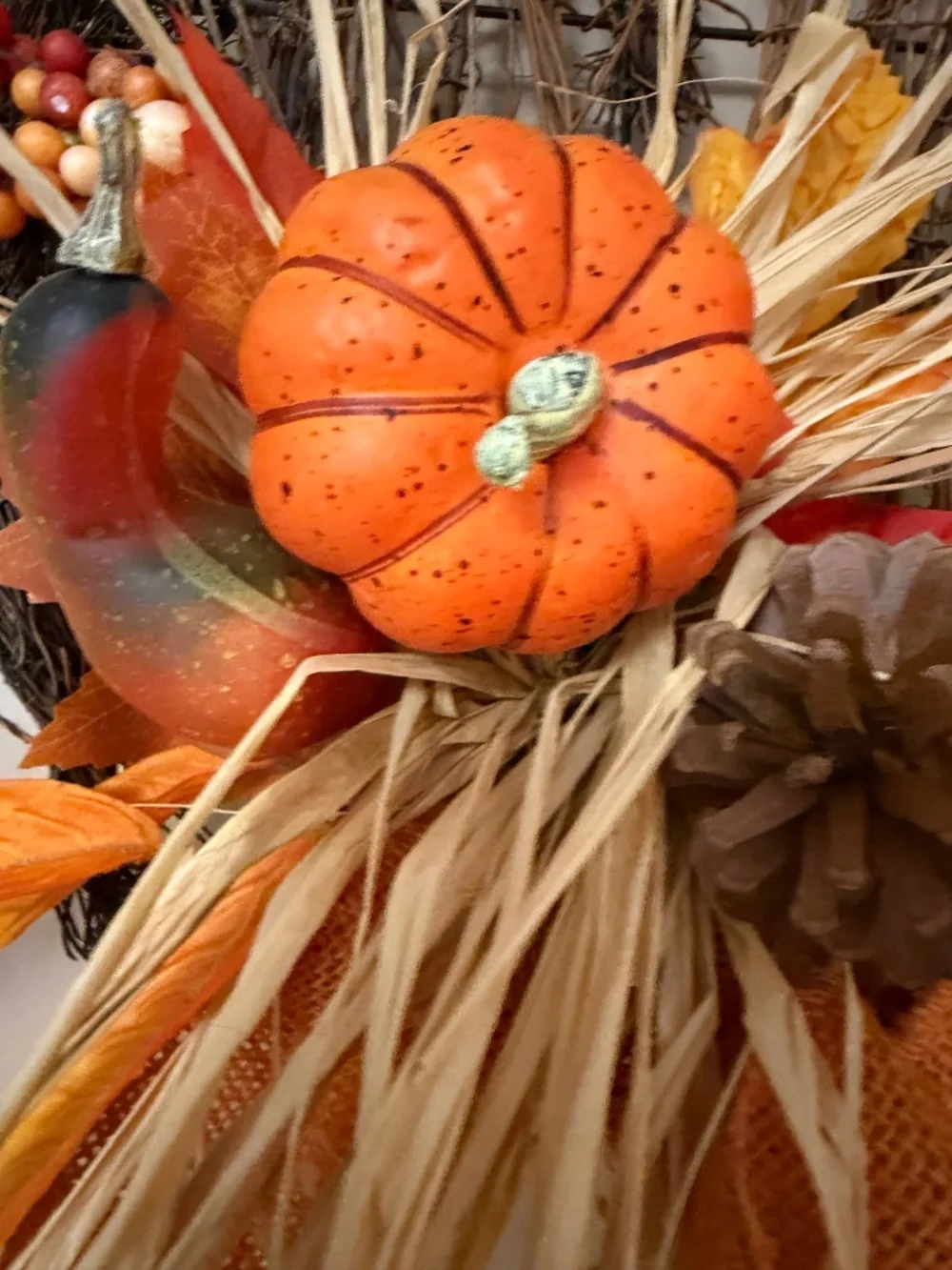 Rustic Fall Owl Grapevine Wreath 16in Autumn Harvest Pumpkin Berries - FALL